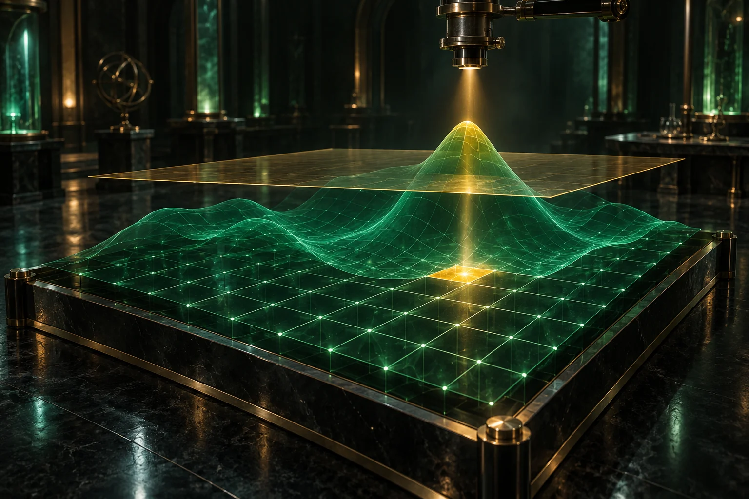 An emerald mathematical surface over a bounded grid, crossed by a gold threshold plane and an illuminated candidate cell.