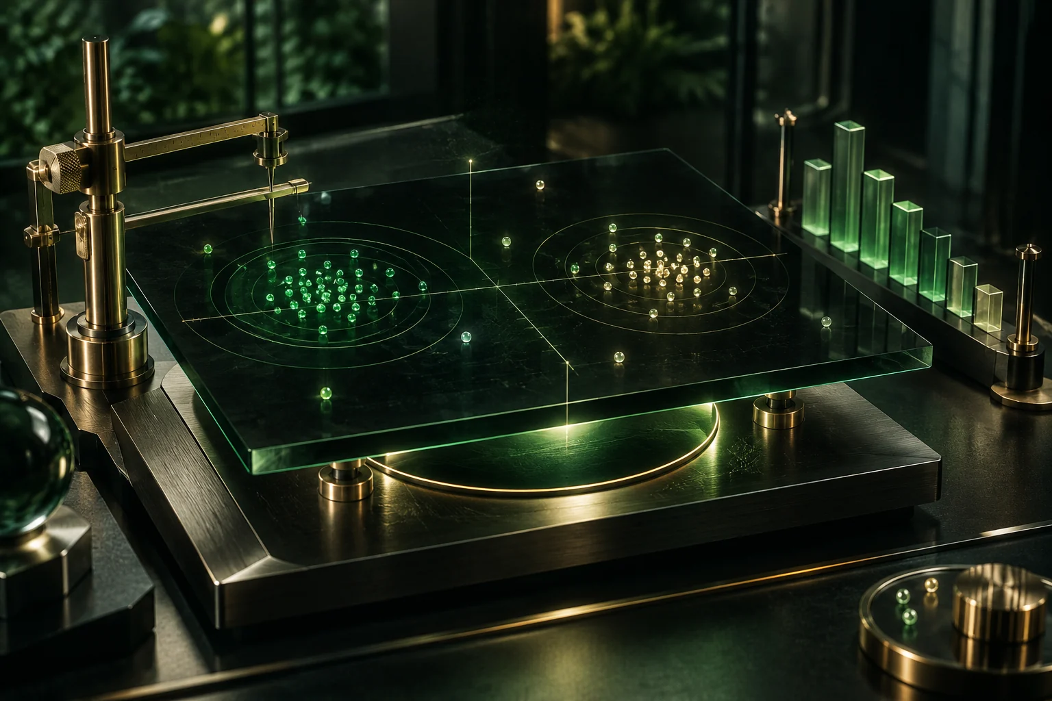 Emerald and gold point clusters on a glass geometry table with measuring axes and a distance histogram.